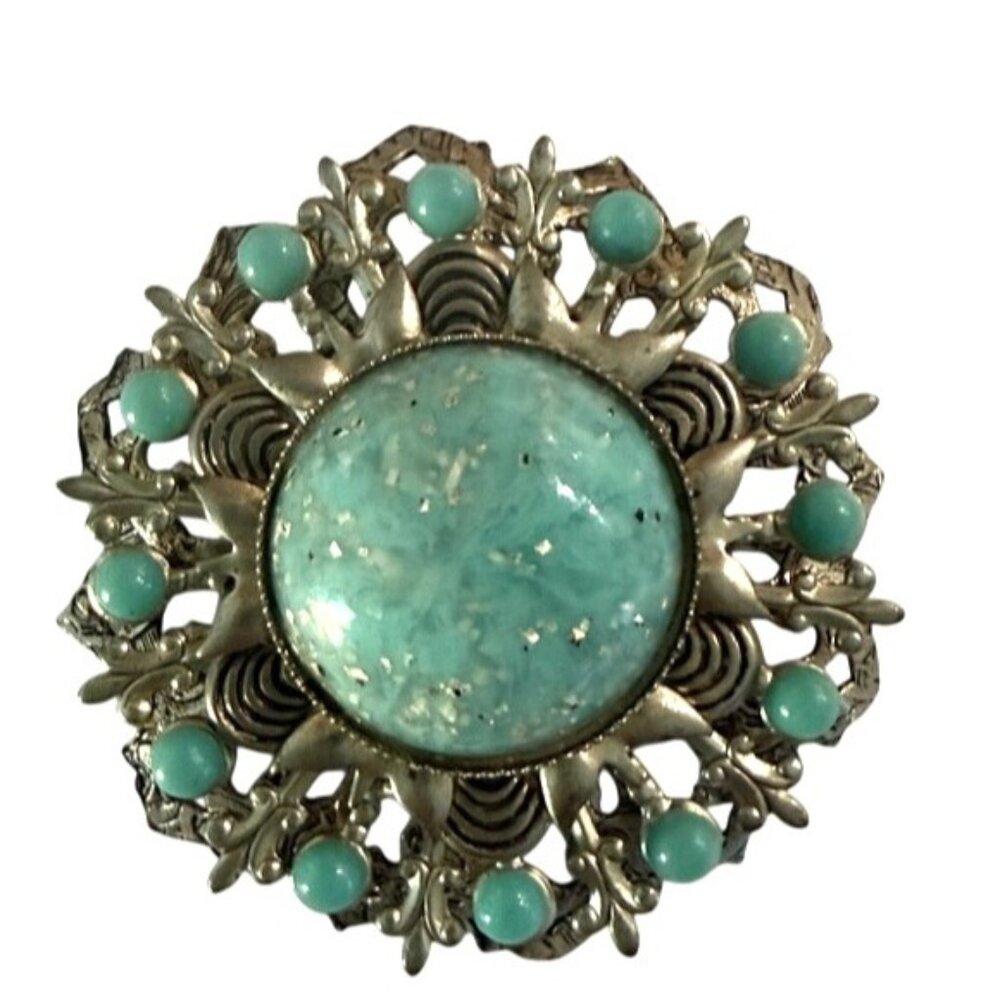 Vintage Inspired Silver Tone Faux Turquoise Blue Floral Brooch Statement Piece J
